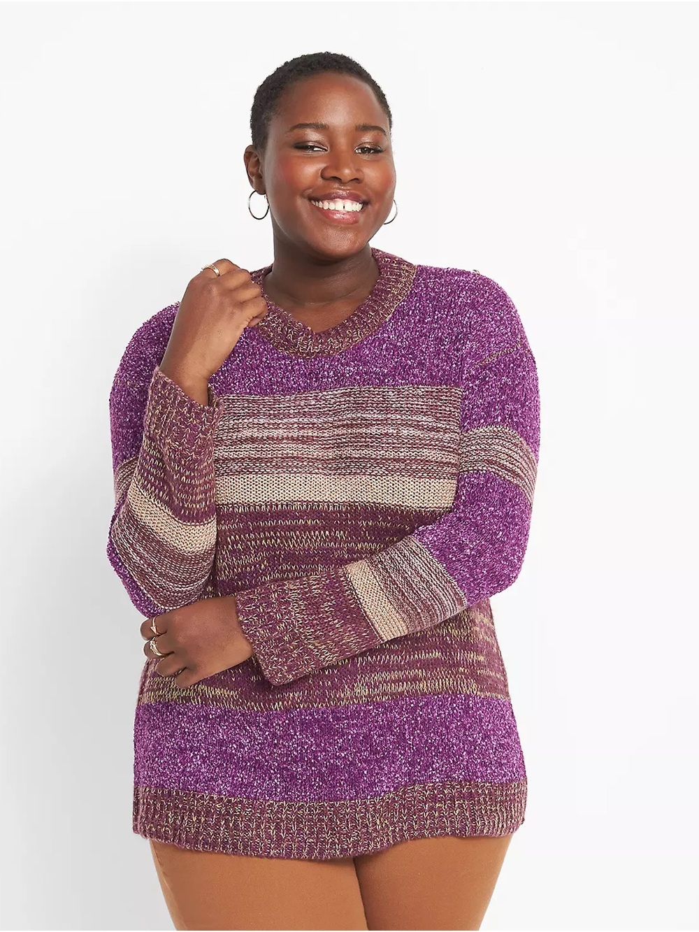 Lane Bryant Purple & Tan Striped Crewneck Sweater